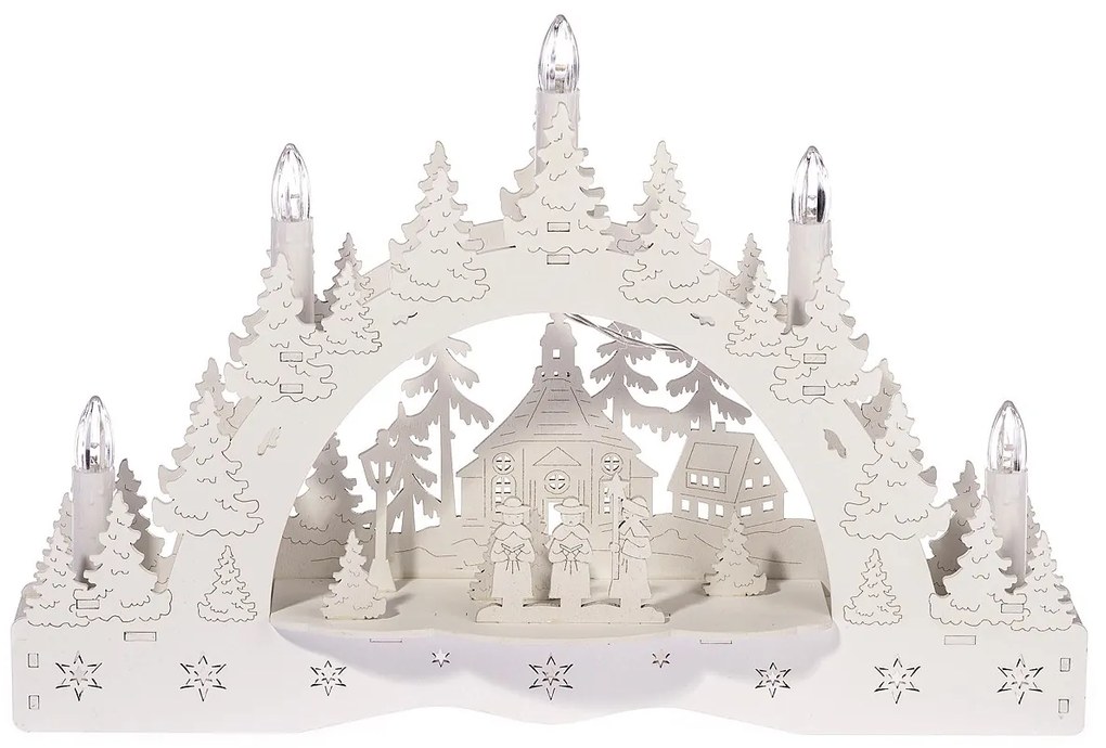 Świecznik świąteczny LED Zimowa kraina, kolędnicy przed kościołem, 35 x 23 x 7,5 cm