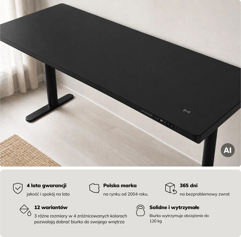 Biurko elektryczne sit-stand z szufladą i ładowarką bezprzewodową Qi czarne, 1600 mm: ELLIS