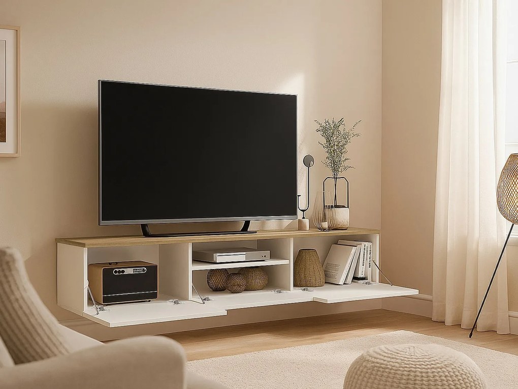 Podwieszana szafka RTV 3-drzwiowa z wnęką - Biała i naturalna - LOTULA