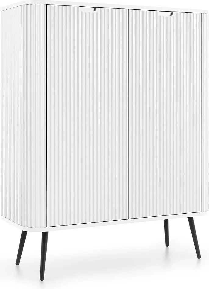 Wysoka komoda ZOVA z 6 półkami, dekoracyjnymi rowkami i metalowymi nogami, czarna, 103/129/39cm, biała