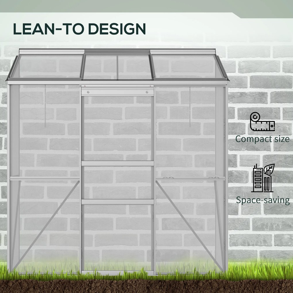 Outsunny Szklarnia przylegająca, Drzwi przesuwne, Otwierane okna dachowe, Poliwęglan+Aluminium, Kolor: Srebrny, 192 x 68 x 196 cm