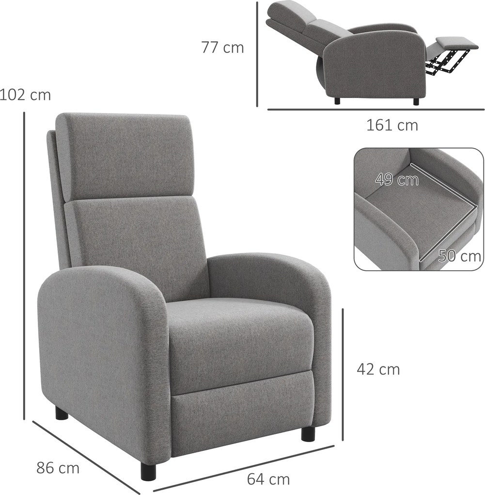 HOMCOM Fotel relaksacyjny telewizyjny z wyciąganym podnóżkiem i regulacją nachylenia do 160 stopni szary | Aosom PL