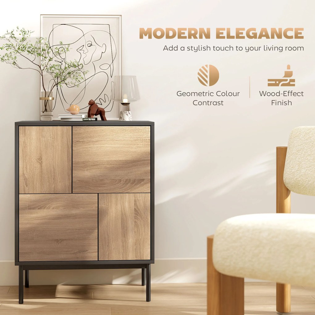 HOMCOM Sideboard z drzwiami push-to-open, szafka do jadalni na metalowych nogach, szafka kuchenna, MDF, Czarny+Naturalne drewno
