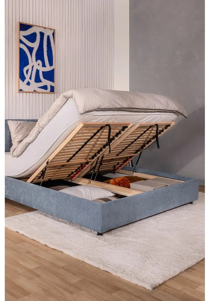 Niebieskie tapicerowane łóżko dwuosobowe ze schowkiem z materacem i stelażem 160x200 cm Myra Slim Line – Bonami Selection