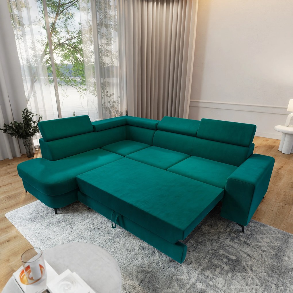Masseno Narożnik ALVORO z funkcją spania i pojemnikiem na pościel Narozniki L, Rozkładana sofa - Lazurowy, MATT VELVET 77
