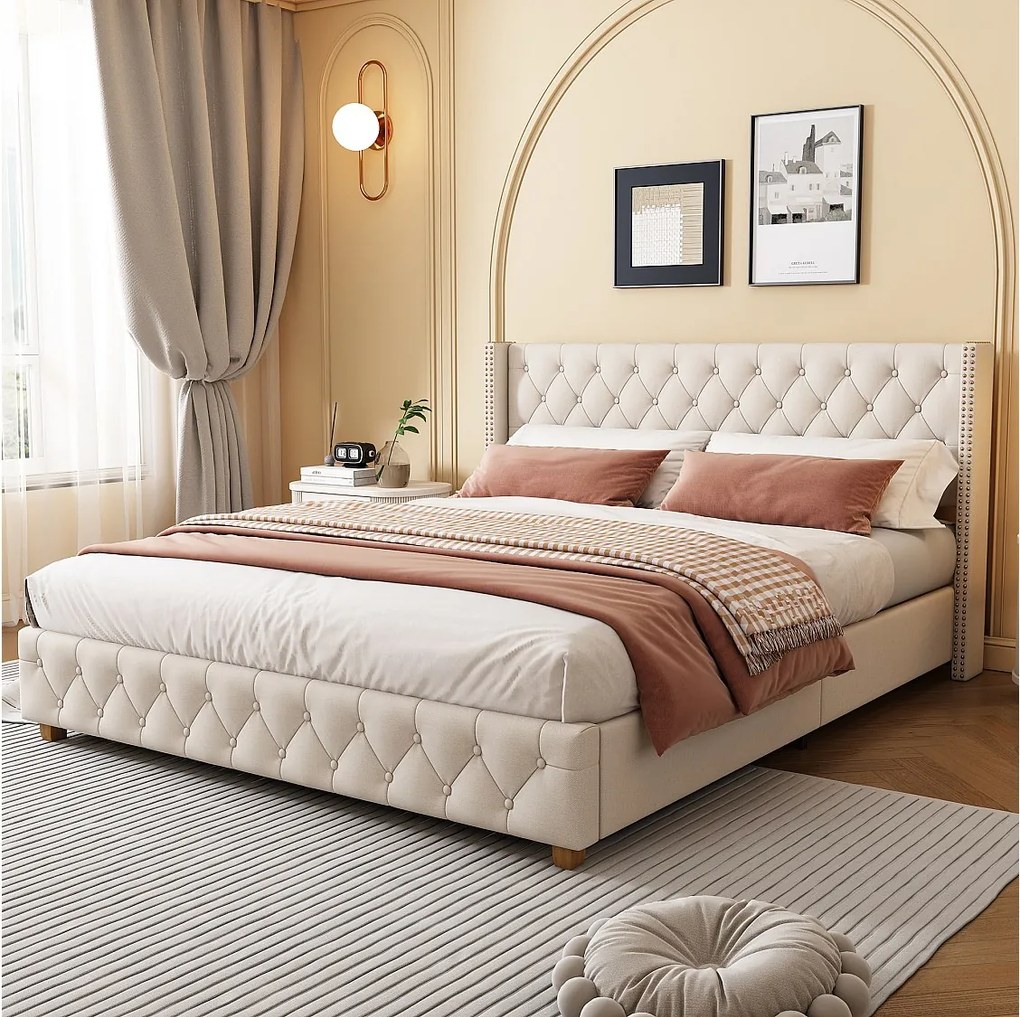 Łóżko tapicerowane 180 x 200 cm z wezgłowiem, łóżko dla dorosłych w lnie, zdobione guzikami i nitami, beżowe