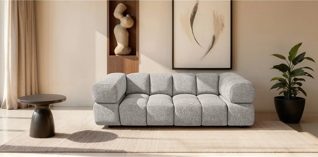 Stylowa 3-osobowa Sofa z Tkaniny Pikowanej 240cm - ALVERO 3S Wzór Bąbelkowy w Jasnoszarym Materiał Bouclé