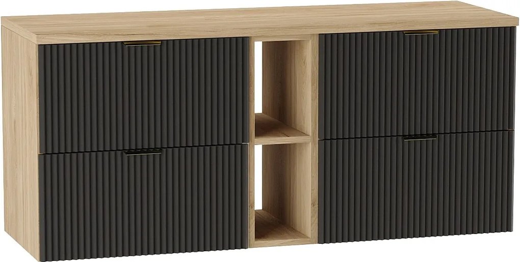Szafka pod umywalkę WENA, z regałem, ryflowane fronty, Willy, 140x60x47 cm, Czarna/Orzech