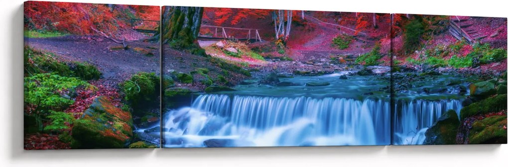 Obraz wodospadu w czerwonym lesie (170x50 cm)