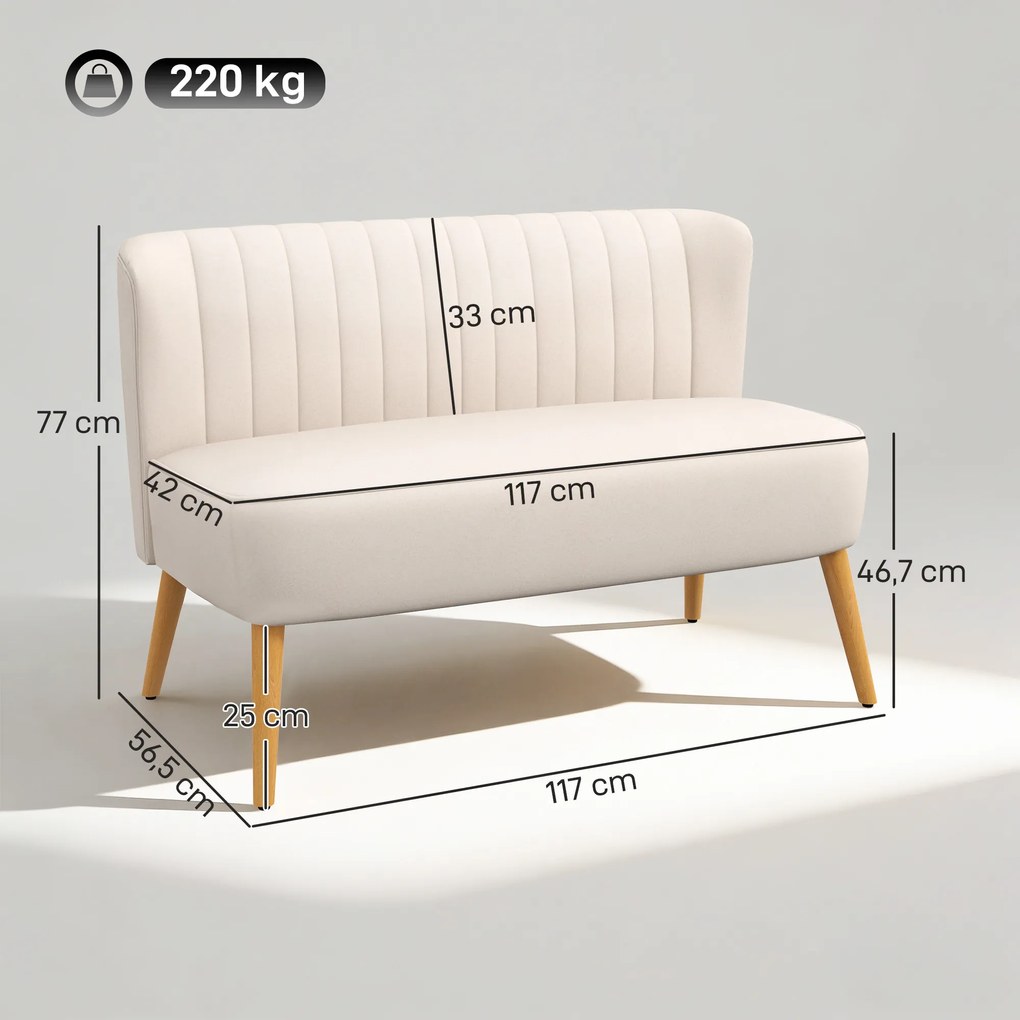 HOMCOM Sofa w stylu retro 2-osobowa, nogi drewniane, 117 cm x 56,5 cm x 77 cm, kremowo-biała | Aosom PL