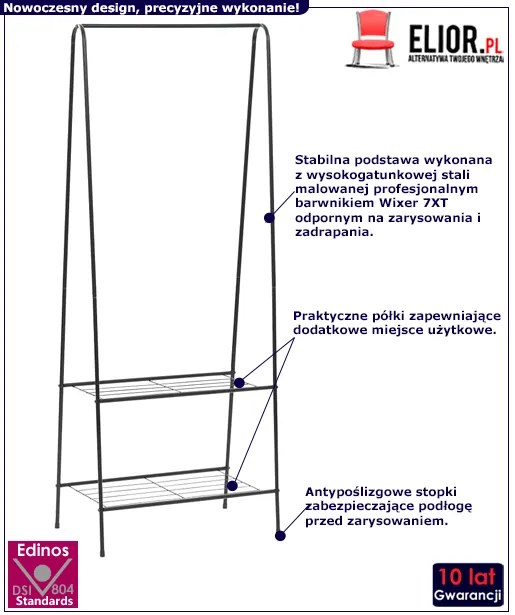 Czarny metalowy wieszak na ubrania z półkami R0-N47