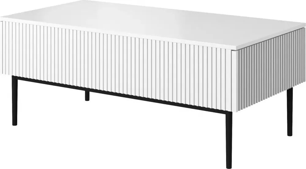 Stolik kawowy Nicole 120 cm z szufladami i metalowymi nogami - biały mat / czarne nóżki