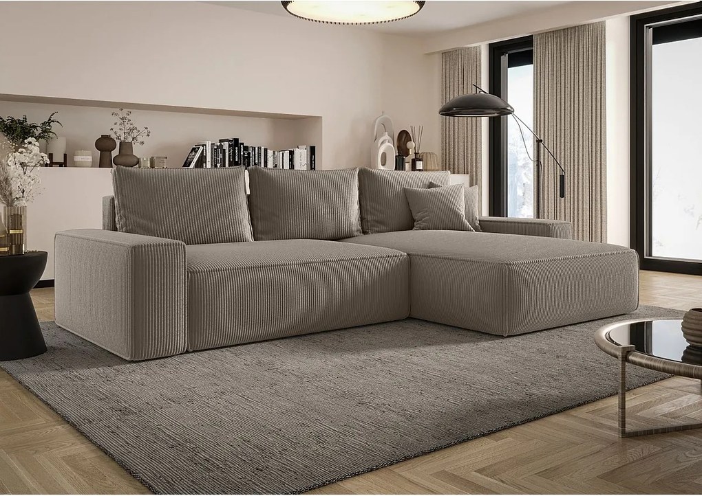 Narożnik MONA z funkcją spania POSO 03 jasnobrązowy prawy sofa w kształcie litery L z pojemnikiem na pościel kanapa do salonu sofa rozkładana