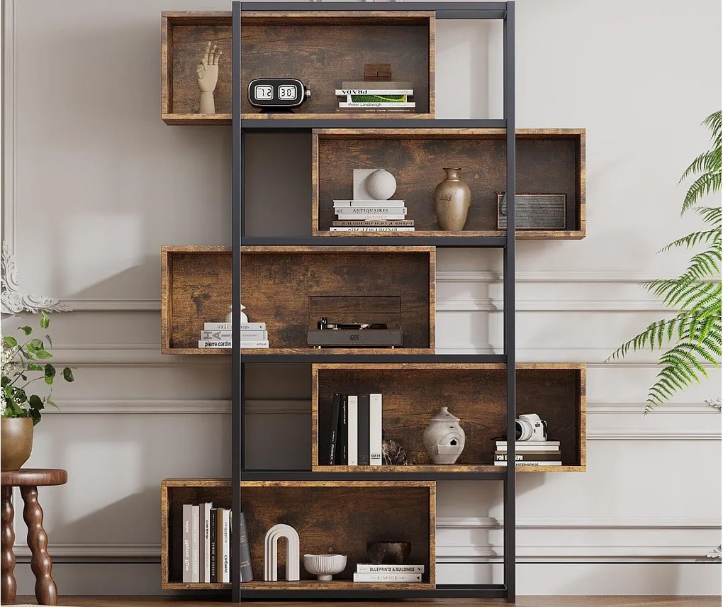 Biblioteka 5-poziomowa z półkami - 121 x 35 x 176 cm - Brązowa