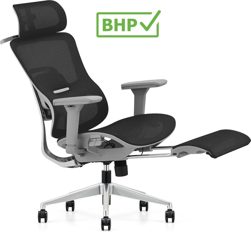 Ergonomiczny fotel biurowy Homer z podnóżkiem i wieszakiem, zgodny z normą BHP