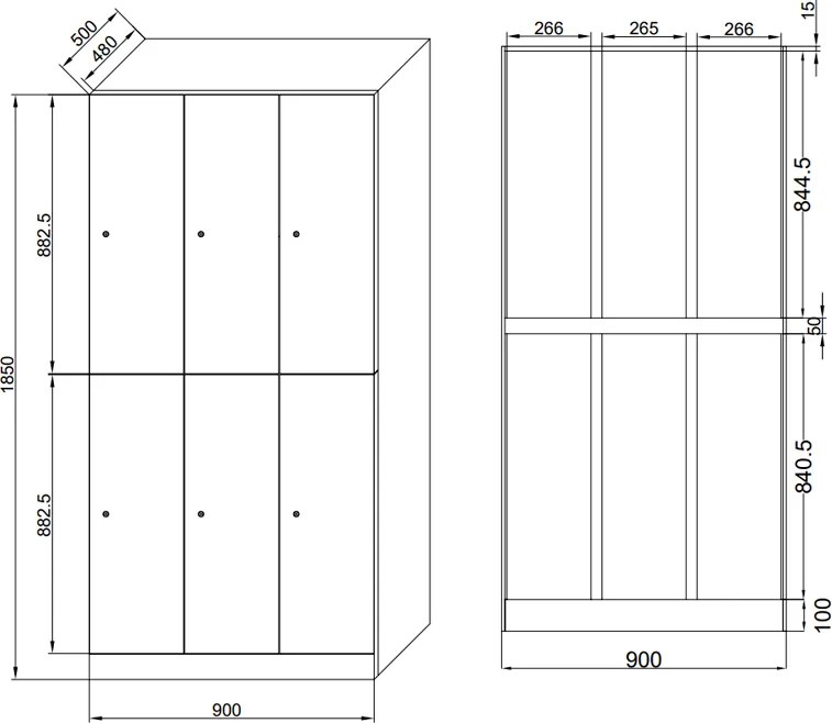 Szafka skrytkowa S1, 6 schowków, 1850 x 900 x 500 mm, zamek RFID, drzwi laminowane, buk