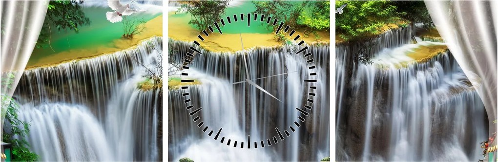 Obraz - Widok magicznych wodospadów (z zegarem) (90x30 cm)