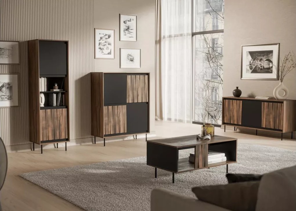 Witryna Madera W-1 – nowoczesna witryna orzechowa z czarnymi akcentami, elegancja i funkcjonalność w Twoim salonie