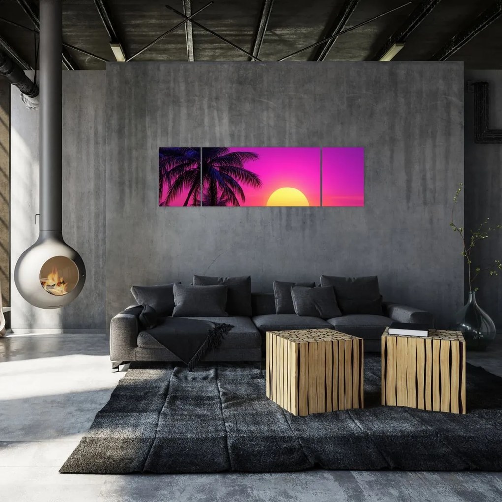 Obraz - Fioletowy zachód słońca z palmą (170x50 cm)