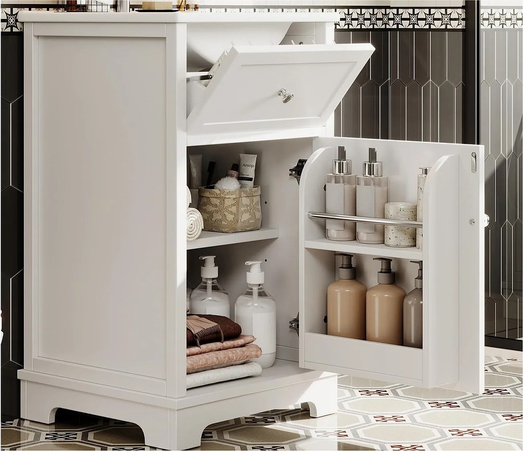 Meble łazienkowe na nogach - Zintegrowana umywalka - Drzwi uchylne i regulowane półki - MDF - Biały