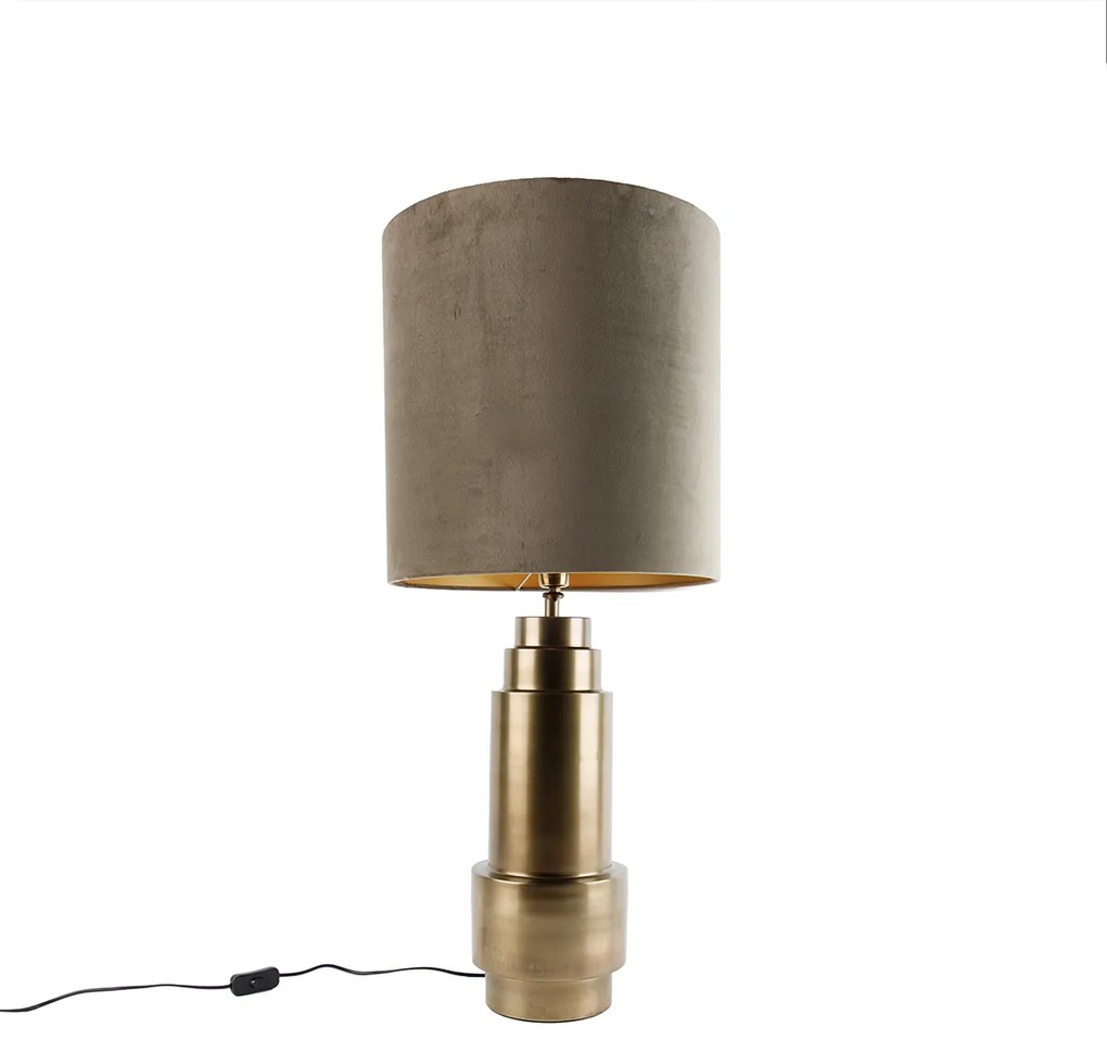 Lampa stołowa brązowa z abażurem z aksamitu w kolorze taupe ze złotem 40 cm - Bruut