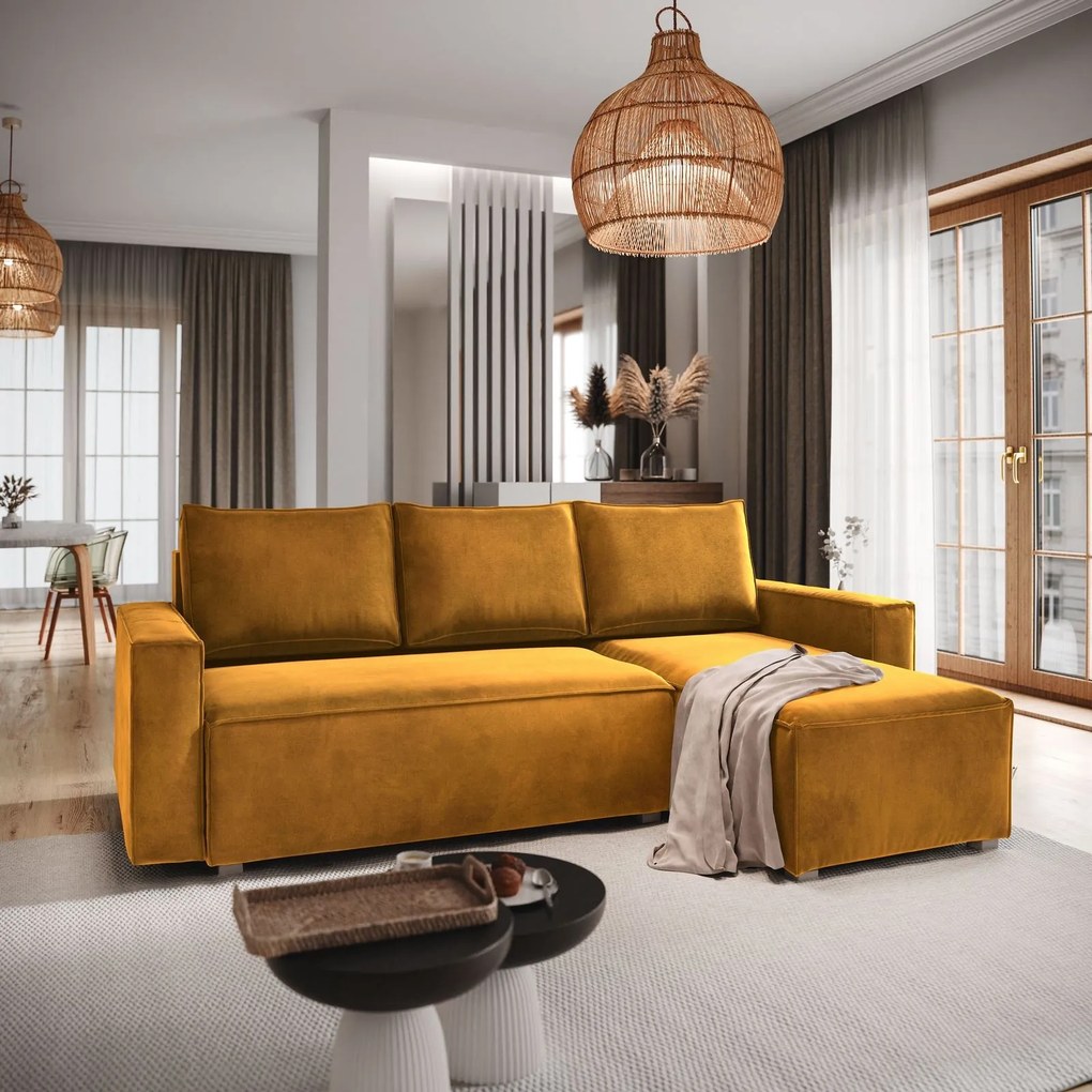 Masseno Narożnik SILES z funkcją spania i pojemnikiem na pościel Narozniki L, Rozkładana sofa - Żółty, MONOLITH 48