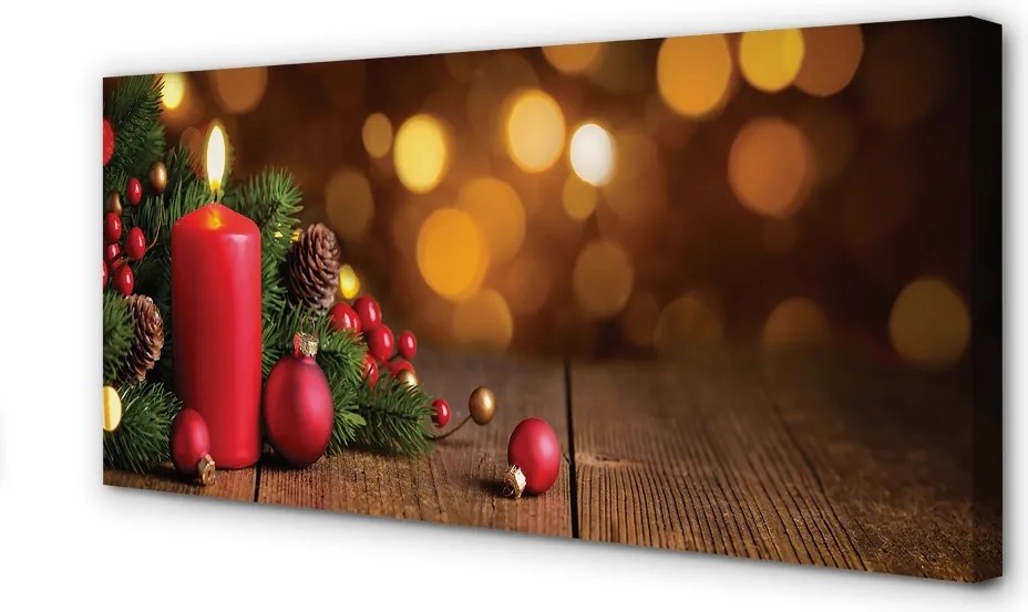 Obraz na płótnie Świeca, Gałązki i Bombki na Desce
