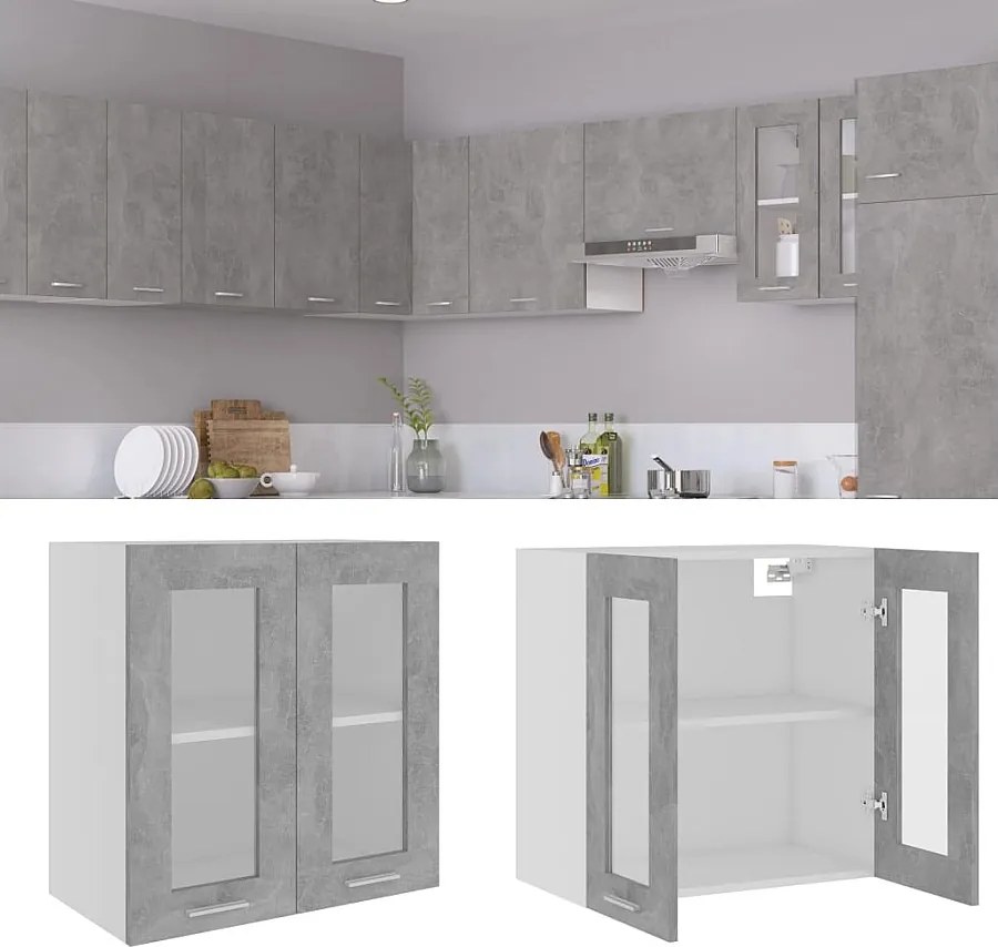 Wisząca witryna Lyon Betonowy szary 60x31x60 cm z drewna inżynieryjnego z przesuwnymi szklanymi drzwiami