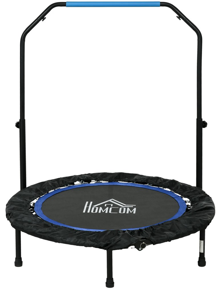 HOMCOM Trampolina fitness, składana, z regulowanym uchwytem, Ø102x123H cm, do 100 kg, Czarna/Niebieska