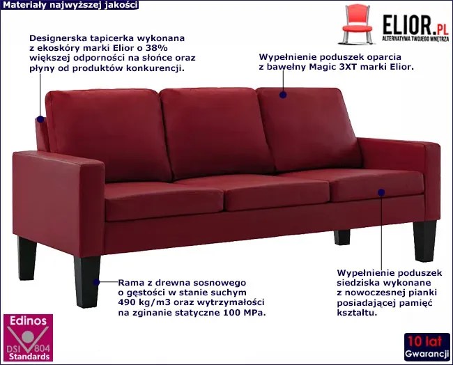 Bordowa nowoczesna tapicerowana sofa - Revex 3X