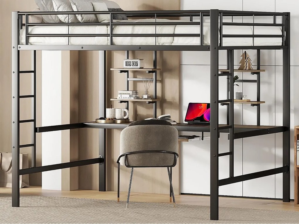 Łóżko mezzanine 140x200cm - z biurkiem i półkami - metalowa rama - Czarny