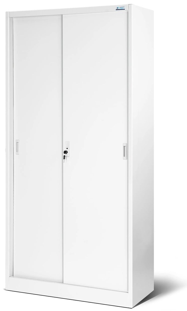Biurowa szafa metalowa z drzwiami przesuwnymi KUBA, 900 x 1850 x 400 mm, biała