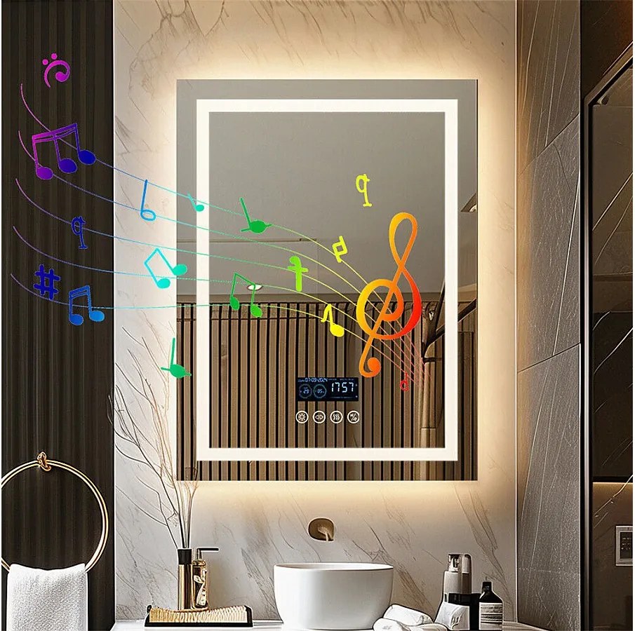 Prostokątne podświetlane lustro łazienkowe z przyciemnianymi diodami LED i 4 przyciskami dotykowymi - przeciwmgielne - 90x70cm