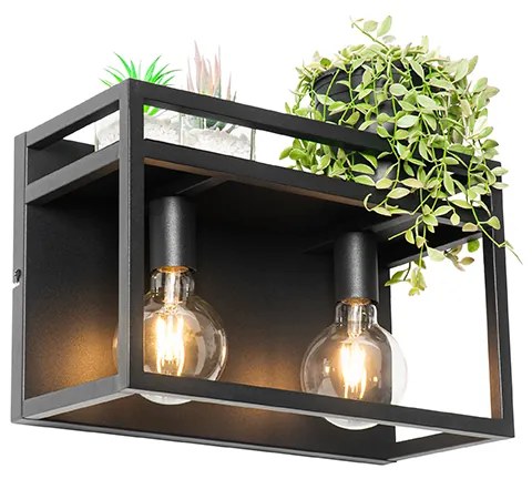 Industrialna lampa ścienna czarna z półką 2-światła - Cage RackPrzemysłowy Oswietlenie wewnetrzne