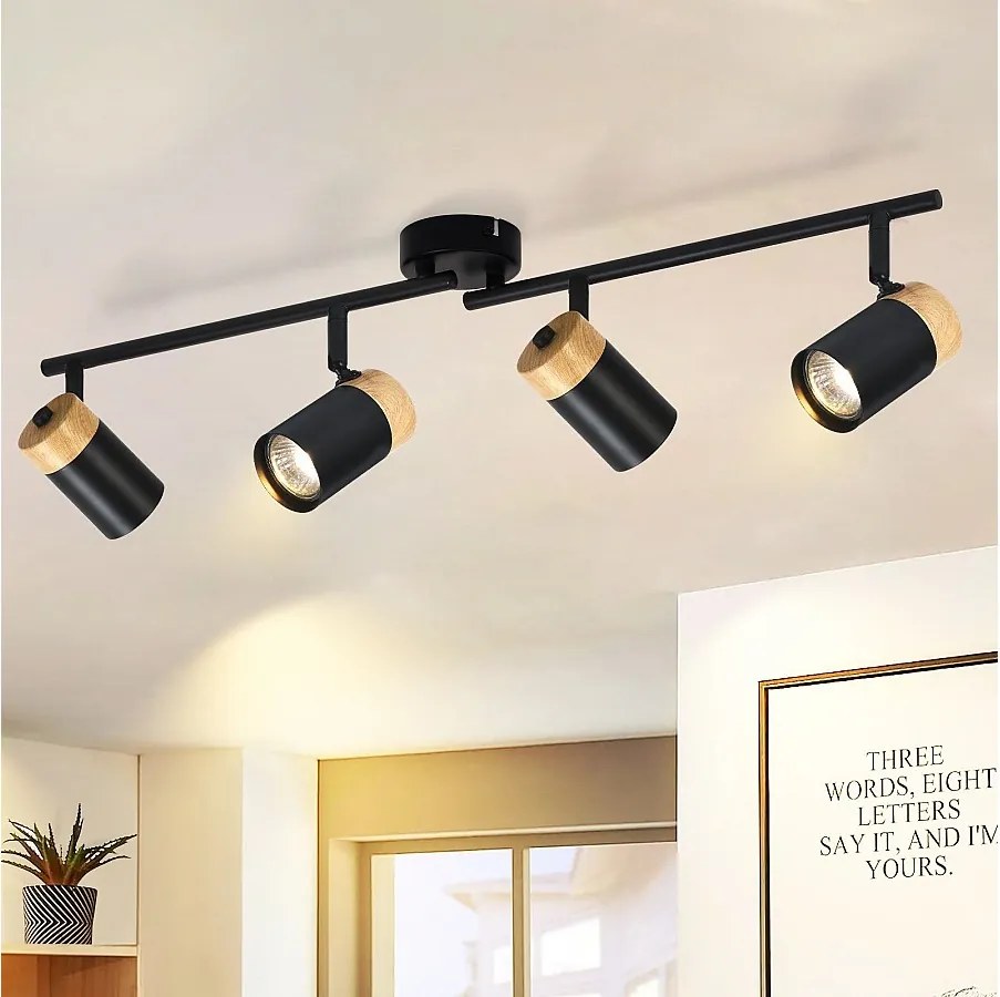 NETTLIFE Lampa sufitowa 4 drewniane plamki GU10 czarna regulowana 330° do salonu sypialni kuchni pokoju dziecięcego bez żarówki