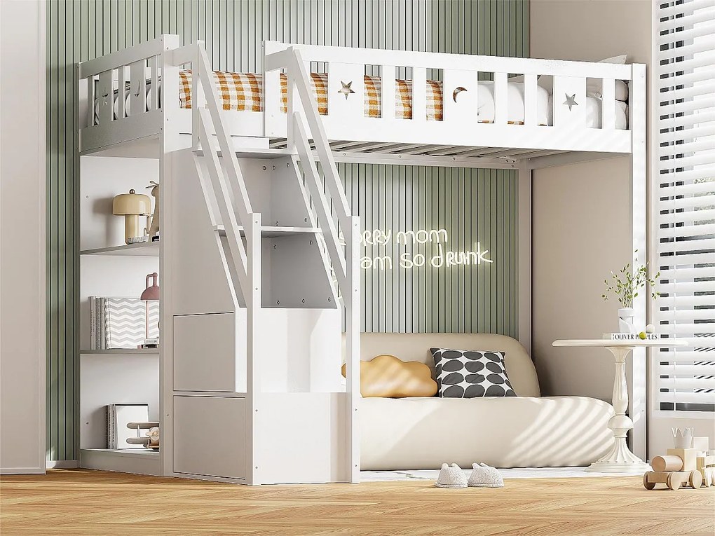 Łóżko mezzanine 90x200 cm - z półkami i drabiną do przechowywania - z litego drewna - Białe