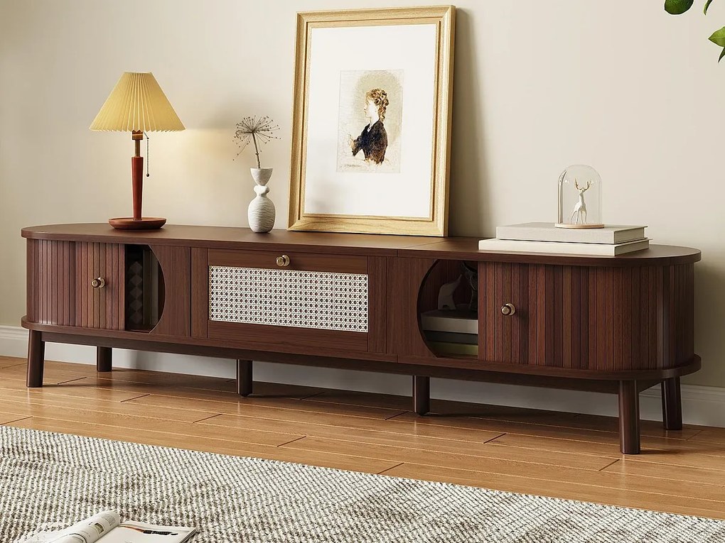 Meble pod TV 170x39.5x38cm - z 1 szufladą i 2 frontami przesuwnymi - faktura w paski - styl wiejski - brązowy