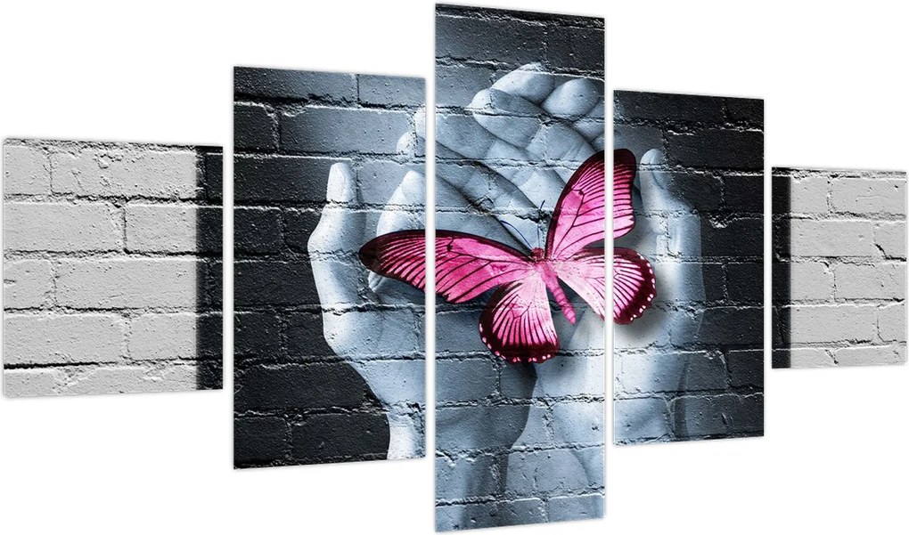 Obraz - Różowy motyl w ścianie (125x70 cm)