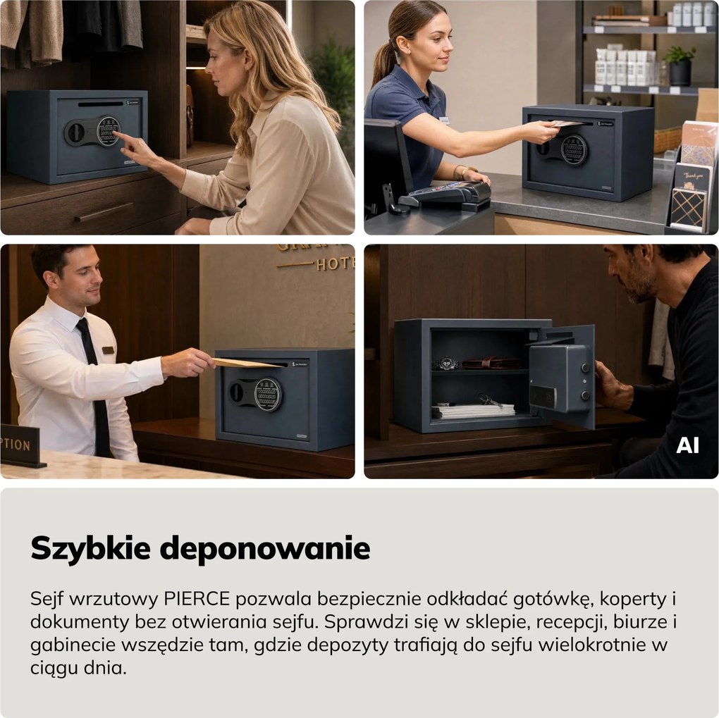 Mały sejf wrzutowy na kod, elektroniczny, na utarg i koperty, 350x250x250 mm: PIERCE
