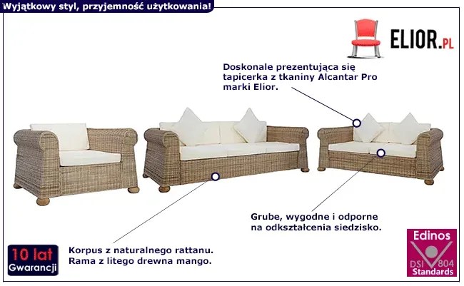 3-częściowy 6-osobowy zestaw wypoczynkowy z naturalnego rattanu - Radna 3M
