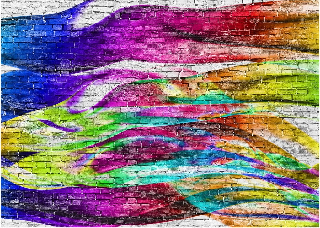 Obraz - Mur z cegły z kolorowymi płomieniami (70x50 cm)