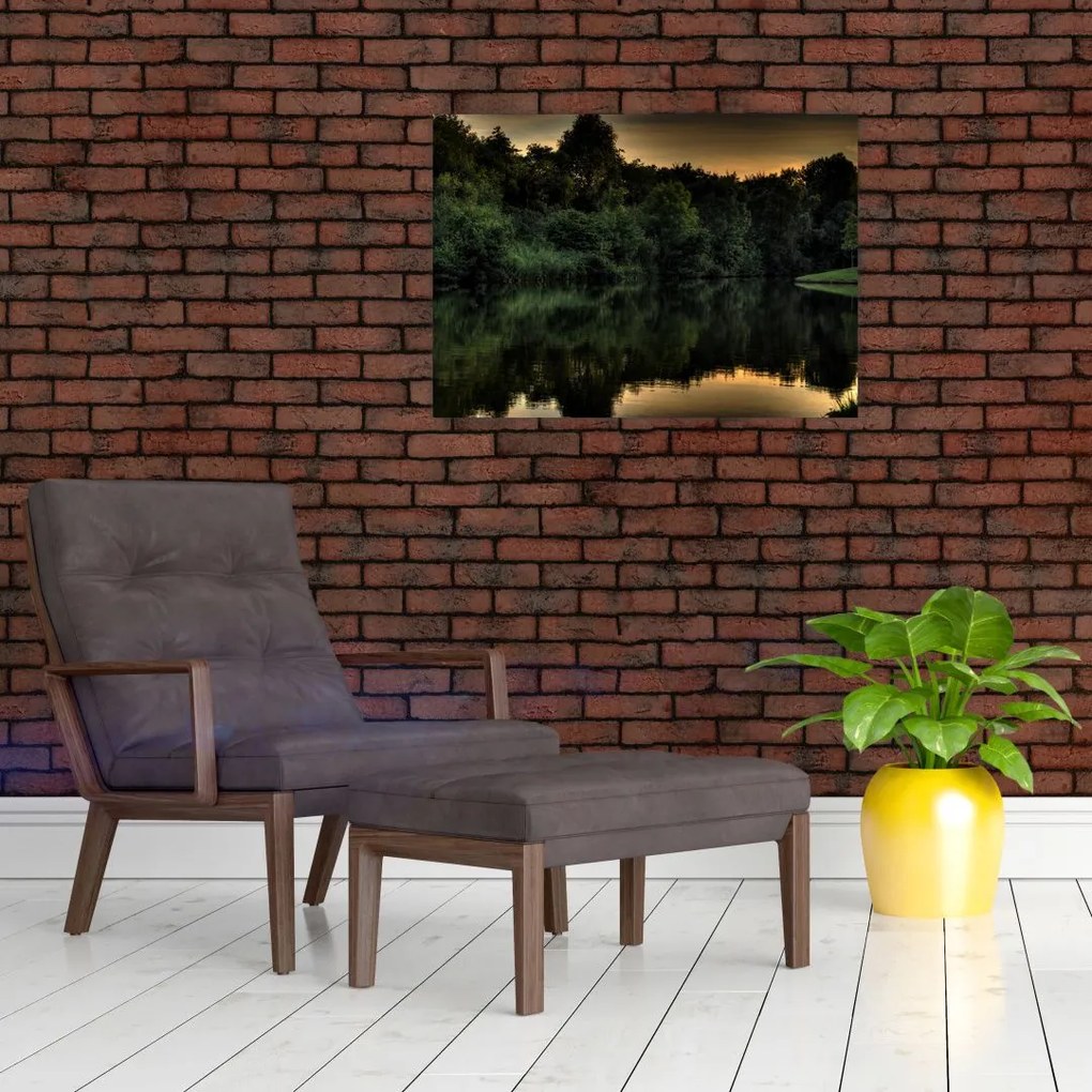 Obraz na szkle - jezioro przy lesie (70x50 cm)
