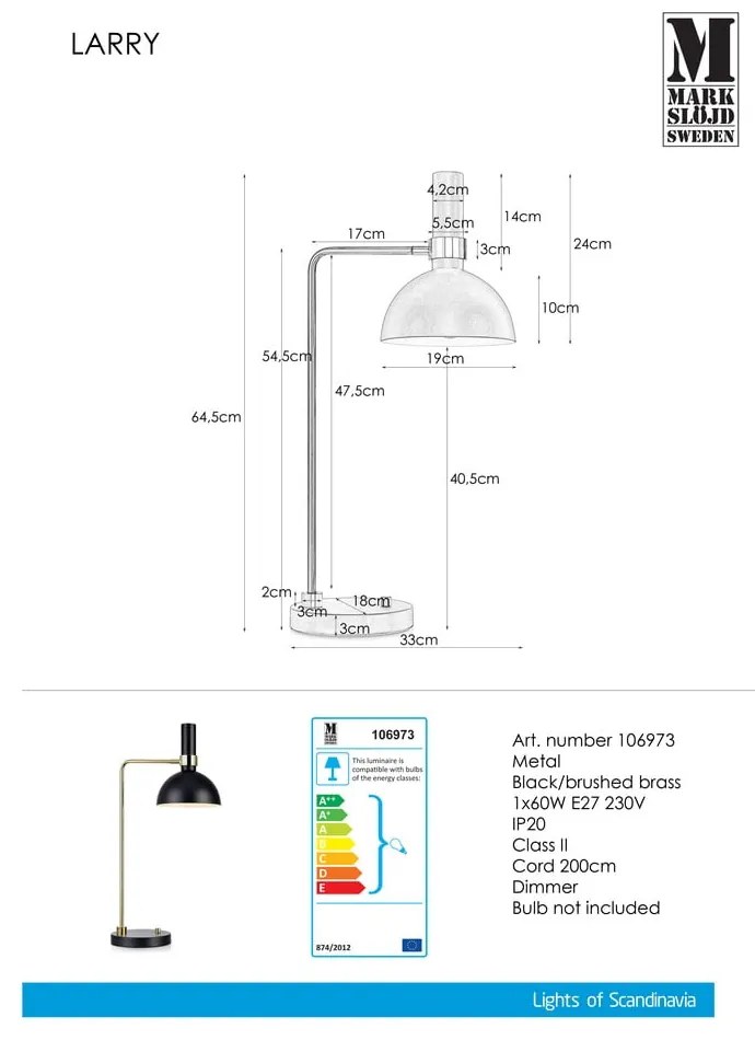 Czarno-złota lampa stołowa Markslöjd Larry