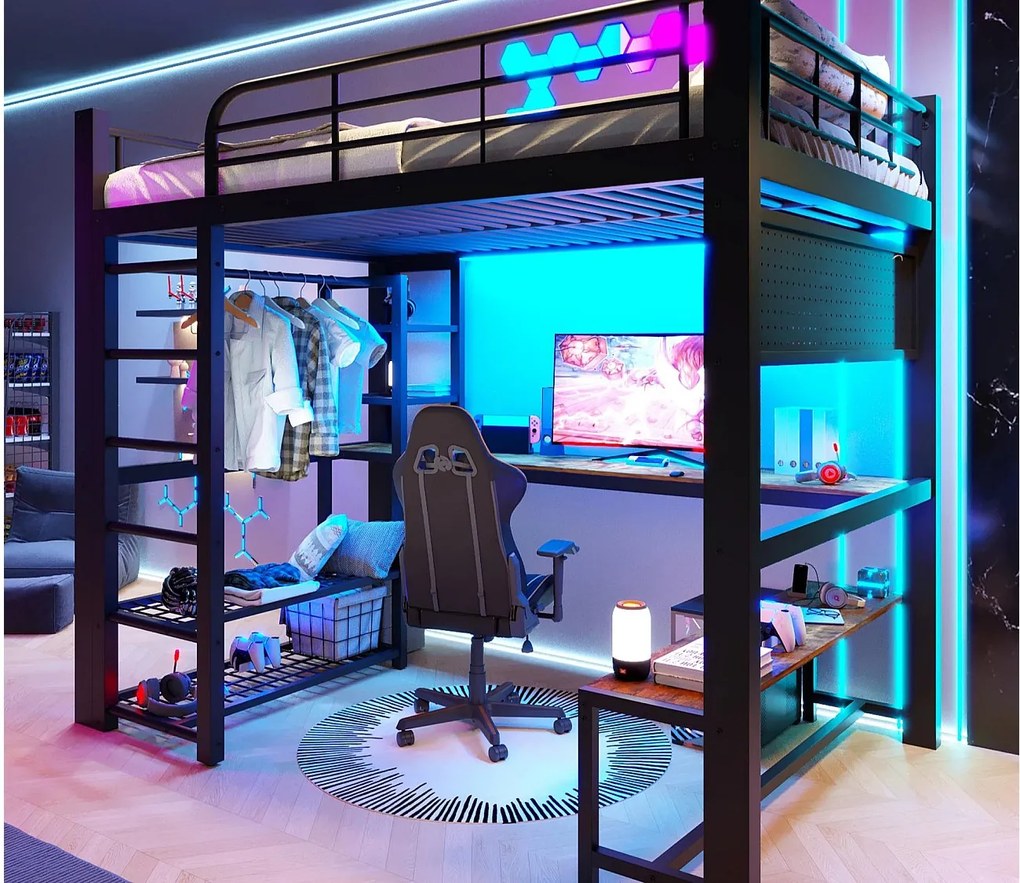 Łóżko na antresoli 140×200 cm - Konstrukcja metalowa - Oświetlenie LED - Drabina w zestawie - czarny​ (materac nie jest wliczony w cenę)