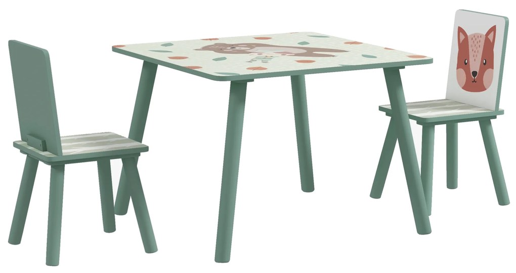 ZONEKIZ Zestaw Mebli dla Dzieci 3-8 Lat, 1 Stół & 2 Krzesła, Uroczy Motyw Zwierzęcy, Zielony