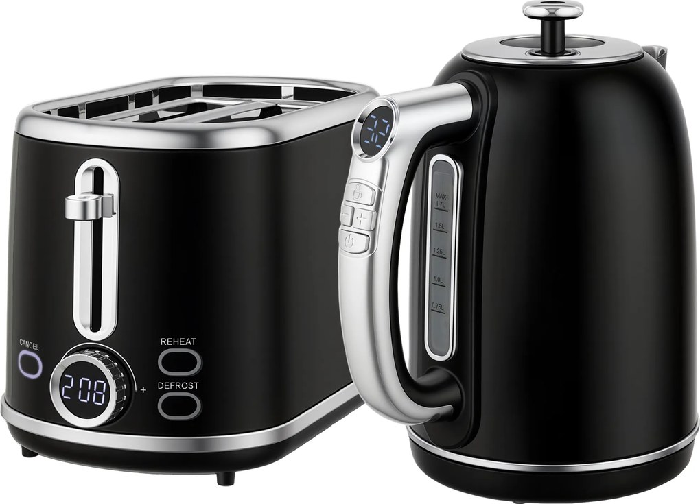 HOMCOM Zestaw czajnik i toster, wyświetlacz LED, 1,7 l, 2200 W, retro design, funkcja pamięci, czarny