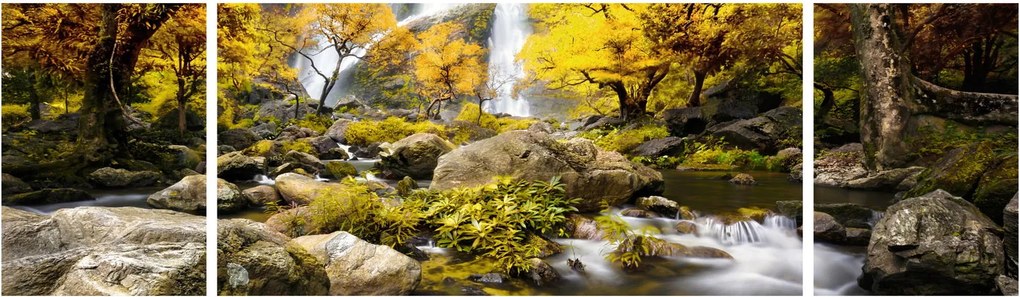 Obraz - Wodospady w jesiennym krajobrazie, żółty (170x50 cm)
