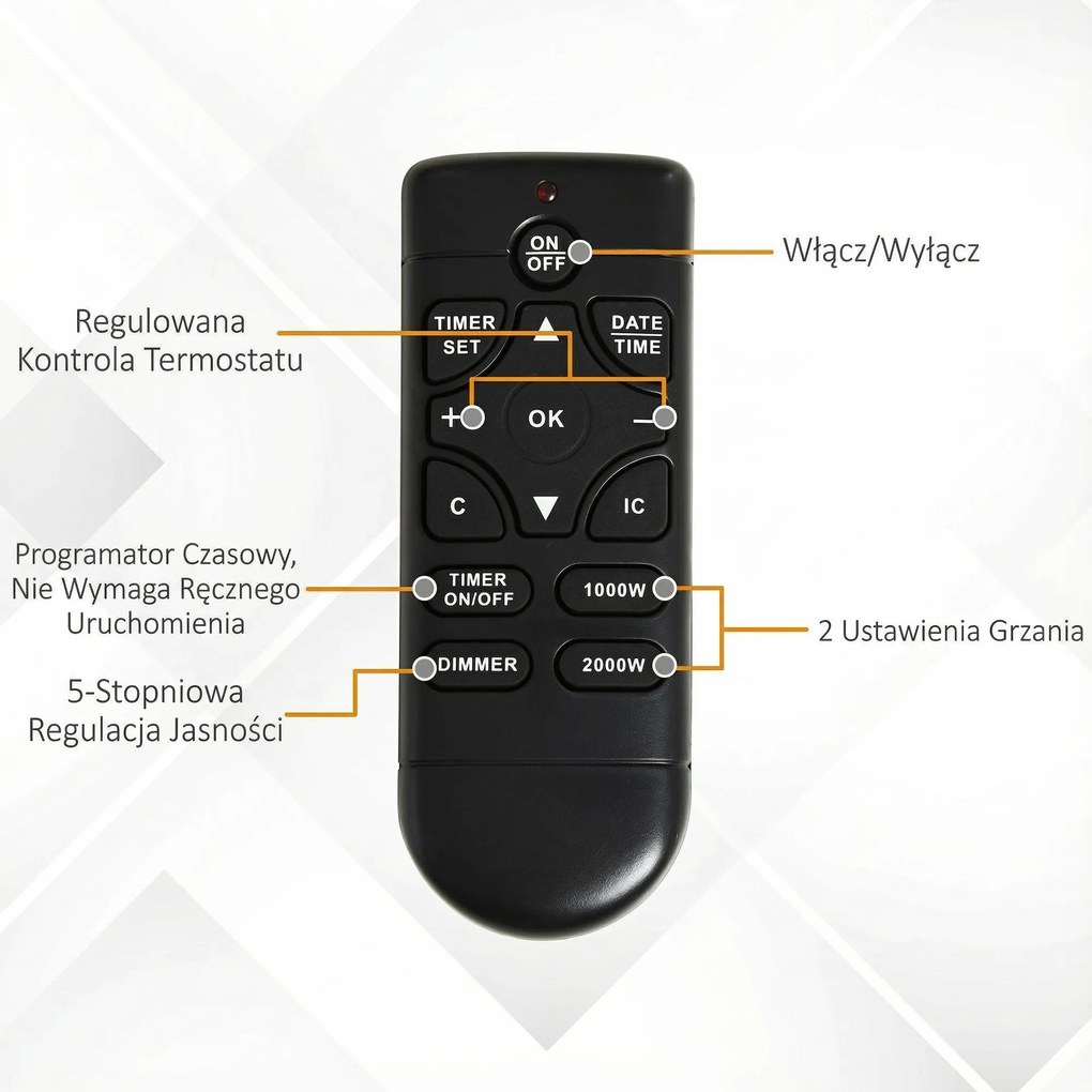 HOMCOM Elektryczny kominek, 2 poziomy mocy, pilot zdalnego sterowania, timer, realistyczny efekt płomienia, Czarny+Biały