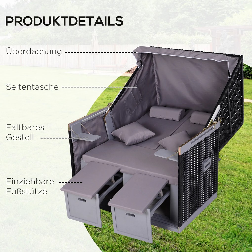 Outsunny Kosz plażowy pełna pozycja leżąca z pokrowcem uchwyty na napoje rattan z PE szary