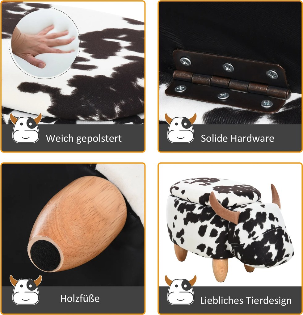 Taboret zwierzątko ozdobna pufa ze schowkiem Stołek w kształcie krowy Czarno-biały z naturalnymi akcentami | Aosom PL